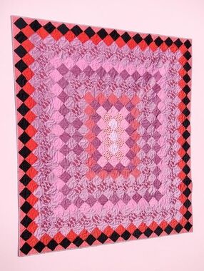 Funky Queen Size Pink Patchwork Quilt with Black & Red Border